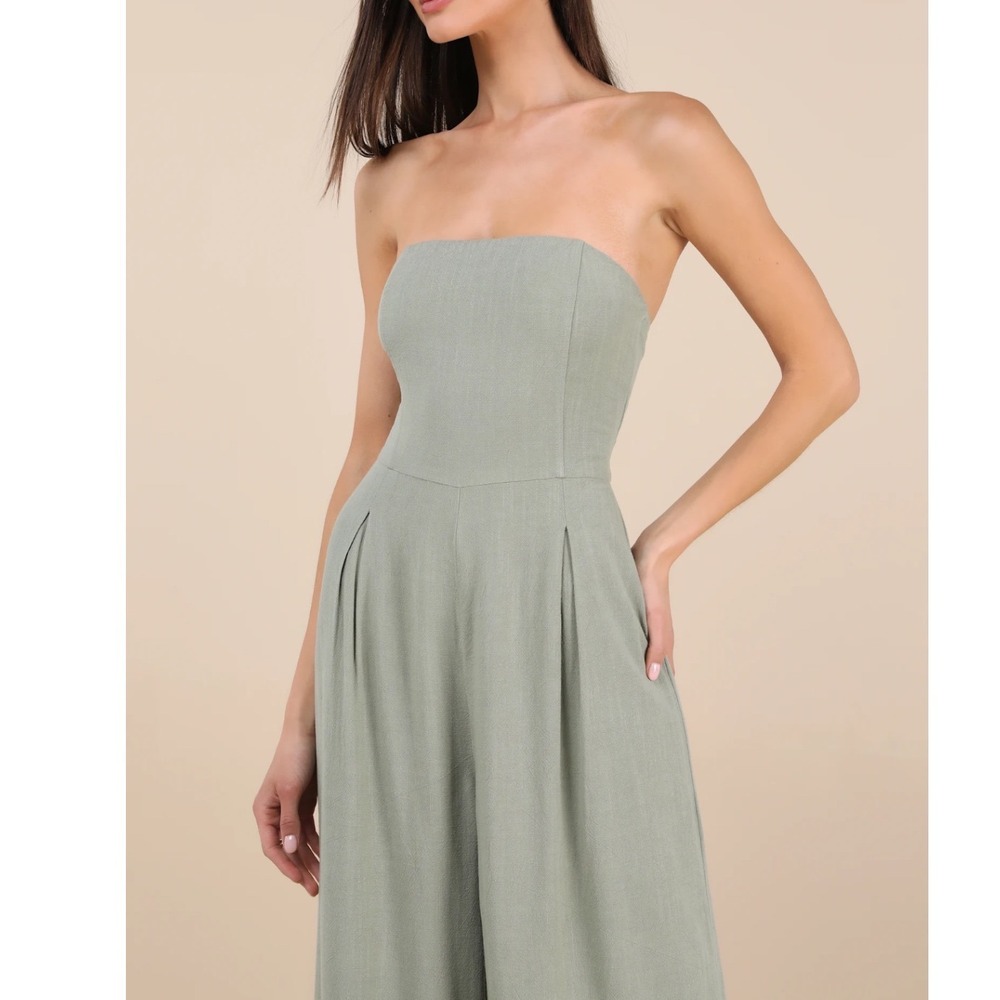 NWT Lulus Breezy Essential Sage Green Linen Wide-Leg Jumpsuit XL - Picture 2 of 6